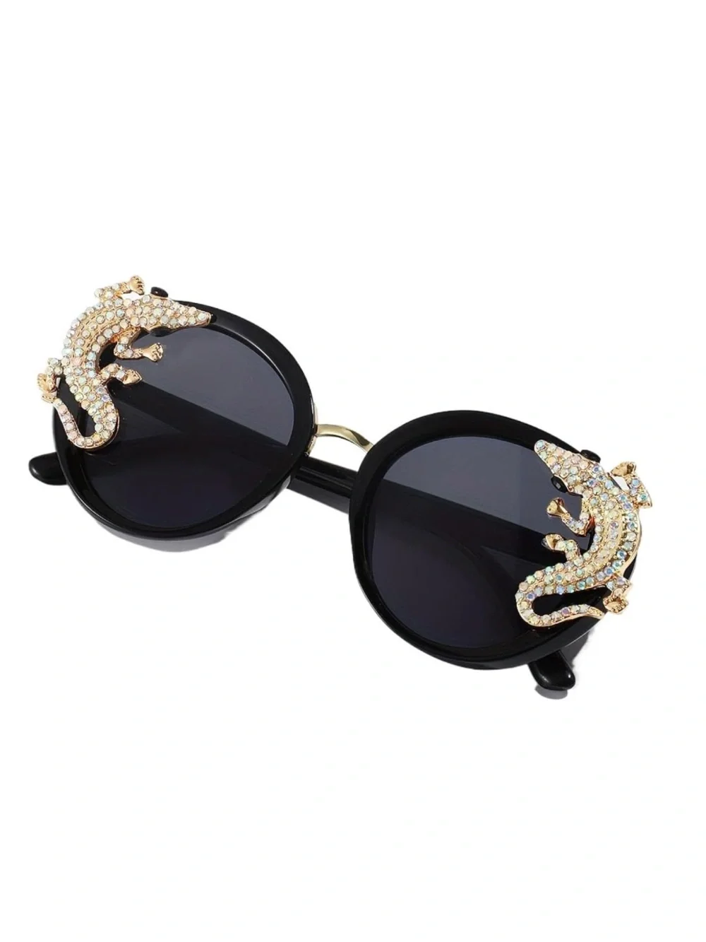 Black Round Sunglasses with Gold Snake Rhinestone Detail – Statement Eyewear